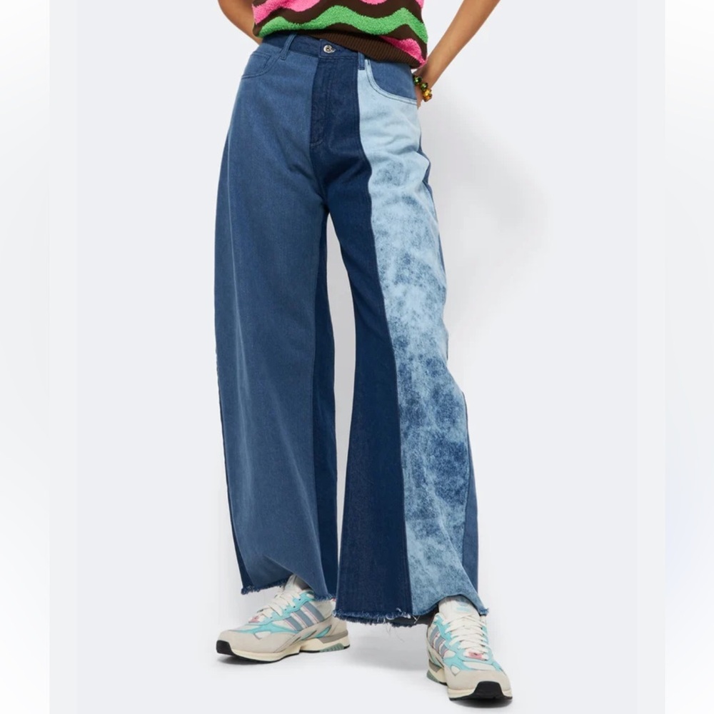 NWT Marques Almeida blue patchwork denim jeans, size UK 6/ US 2-4